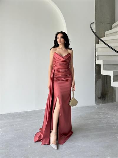 Tarçın Straplez Drapeli Saten Abiye ElbiseAbiye & Mezuniyet ElbisesiST5569-7209