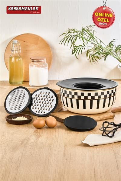 KahramanlarPrime Cream Emaye 5 Parça Rendeli Saklama Ve Karıştırma Kabı 24 CM9037