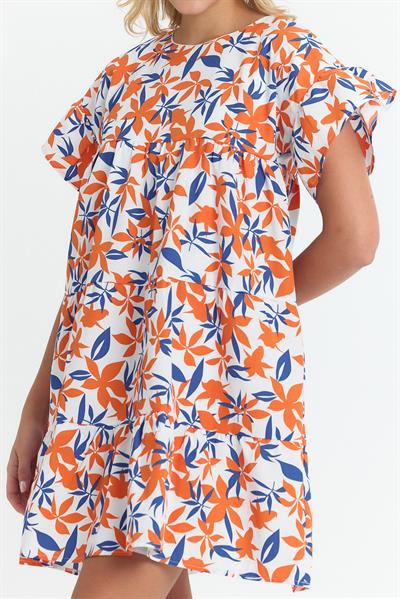 Apsen 4409-90 Kadın Turuncu Beyaz Çiçekli Geniş Kesim Mini Dokuma Elbise 