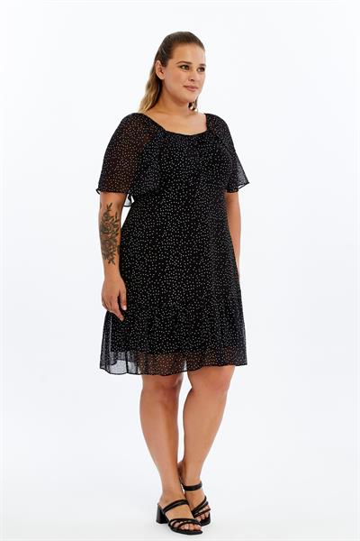 Apsen Kadın 4514-100 Siyah Puantiyeli Lastik Belli Dokuma Mini Şifon Astarlı Büyük Beden Elbise