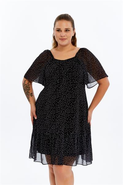 Apsen Kadın 4514-100 Siyah Puantiyeli Lastik Belli Dokuma Mini Şifon Astarlı Büyük Beden Elbise
