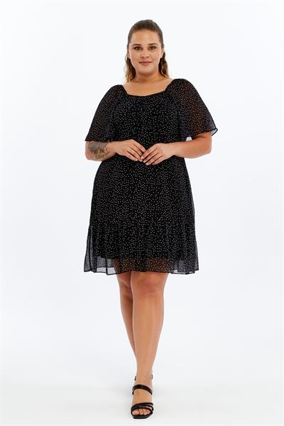 Apsen Kadın 4514-100 Siyah Puantiyeli Lastik Belli Dokuma Mini Şifon Astarlı Büyük Beden Elbise
