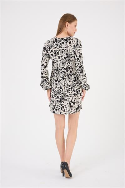 Apsen Kadın Bej Bisiklet Yaka Beli Büzgülü Uzun Kollu Midi Boy Emprime Viscon Elbise4506/90