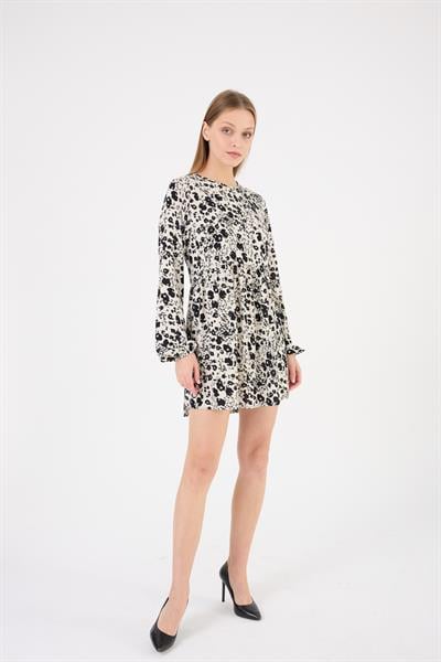 Apsen Kadın Bej Bisiklet Yaka Beli Büzgülü Uzun Kollu Midi Boy Emprime Viscon Elbise4506/90