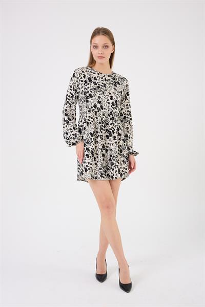 Apsen Kadın Bej Bisiklet Yaka Beli Büzgülü Uzun Kollu Midi Boy Emprime Viscon Elbise4506/90