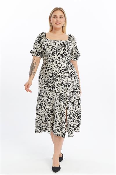 Apsen Kadın Bej Kare Yaka  Önden Yırtmaçlı Kol Detaylı Empirme Viscon Elbise 4507/125