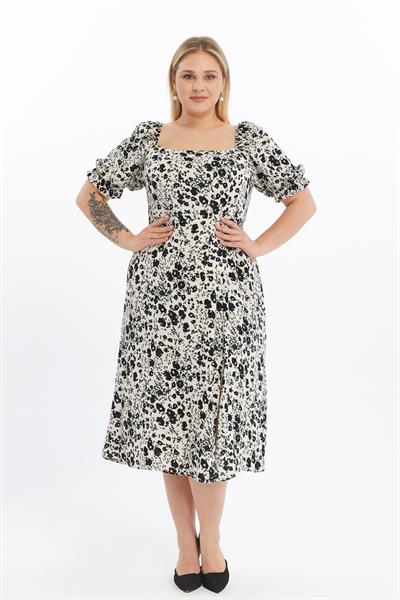 Apsen Kadın Bej Kare Yaka  Önden Yırtmaçlı Kol Detaylı Empirme Viscon Elbise 4507/125