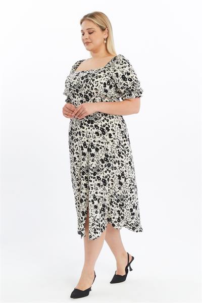 Apsen Kadın Bej Kare Yaka  Önden Yırtmaçlı Kol Detaylı Empirme Viscon Elbise 4507/125