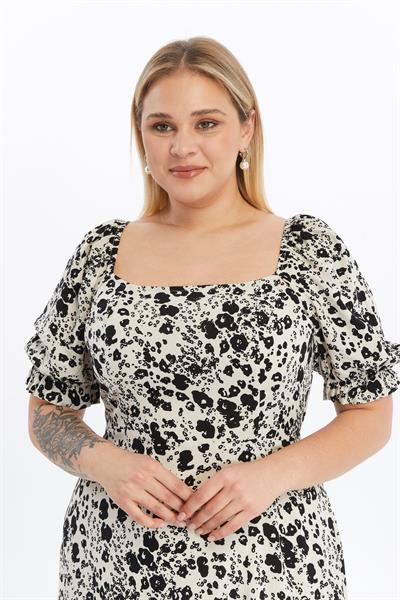 Apsen Kadın Bej Kare Yaka  Önden Yırtmaçlı Kol Detaylı Empirme Viscon Elbise 4507/125