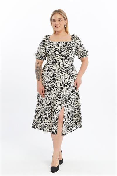 Apsen Kadın Bej Kare Yaka  Önden Yırtmaçlı Kol Detaylı Empirme Viscon Elbise 4507/125