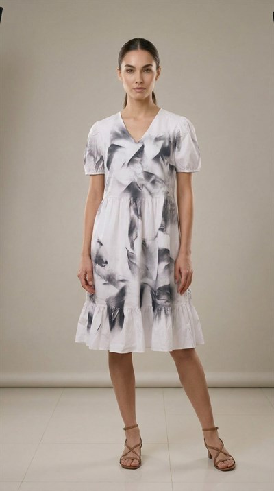 Apsen Kadın Beyaz Siyah Desenli V Yaka Balon Kol Midi Koton Elbise 4425-100   