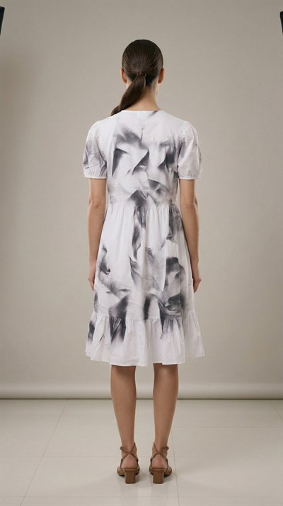 Apsen Kadın Beyaz Siyah Desenli V Yaka Balon Kol Midi Koton Elbise 4425-100   