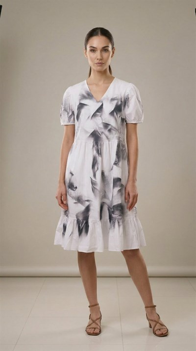 Apsen Kadın Beyaz Siyah Desenli V Yaka Balon Kol  Koton Midi Elbise 4425-100   