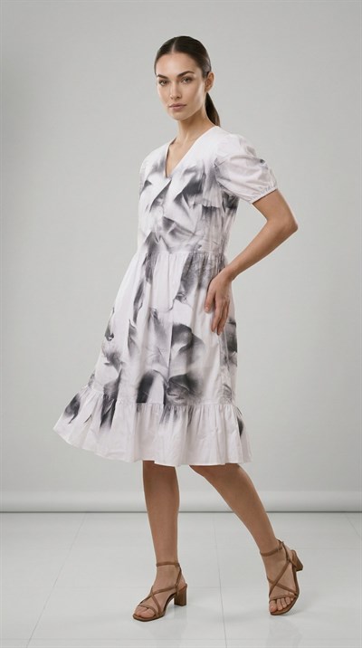 Apsen Kadın Beyaz Siyah Desenli V Yaka Balon Kol Midi Koton Elbise 4425-100   