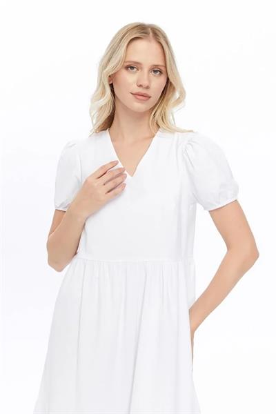 Kadın V Yaka Büzgülü Midi Cotton Elbise 4439/100