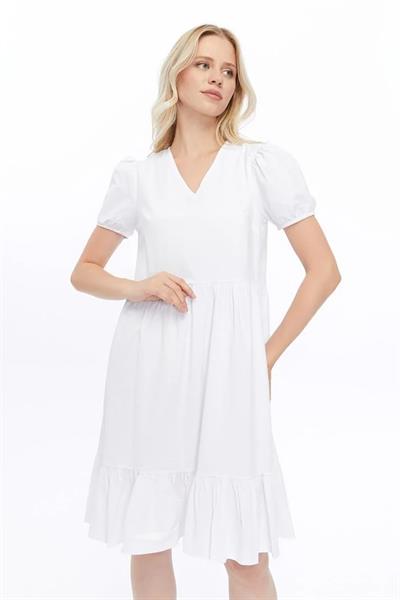 Kadın V Yaka Büzgülü Midi Cotton Elbise 4439/100