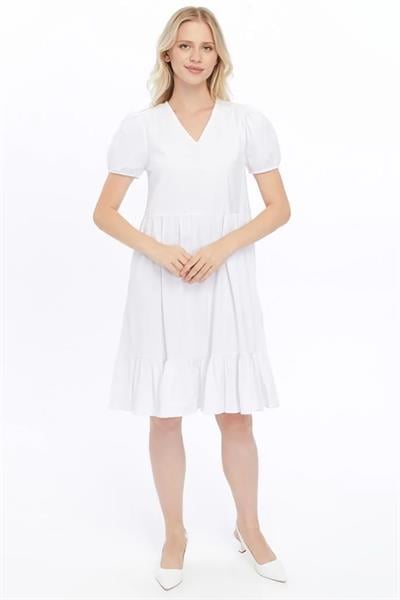 Kadın V Yaka Büzgülü Midi Cotton Elbise 4439/100