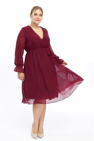 Kadın Kruvaze Yaka Kuşaklı Büyük Beden Uzun Kol Midi Boy Şifon Elbise 4450/110