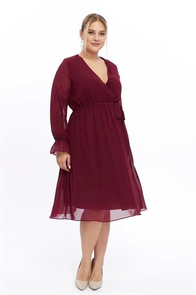 Kadın Kruvaze Yaka Kuşaklı Büyük Beden Uzun Kol Midi Boy Şifon Elbise 4450/110