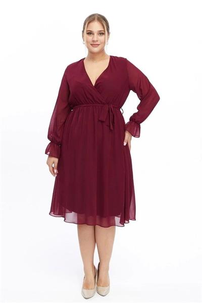 Kadın Kruvaze Yaka Kuşaklı Büyük Beden Uzun Kol Midi Boy Şifon Elbise 4450/110