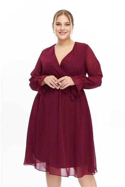 Kadın Kruvaze Yaka Kuşaklı Büyük Beden Uzun Kol Midi Boy Şifon Elbise 4450/110