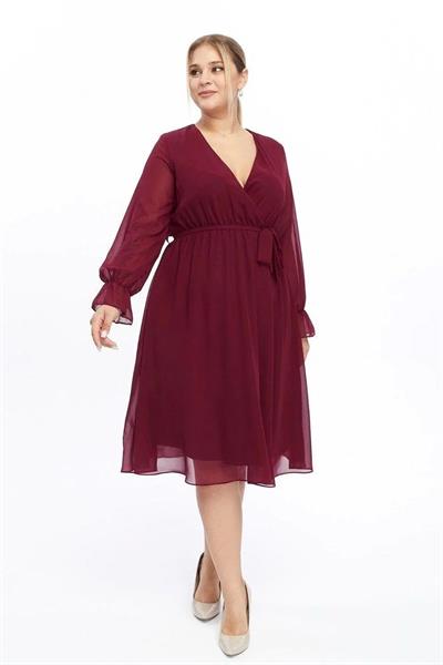 Kadın Kruvaze Yaka Kuşaklı Büyük Beden Uzun Kol Midi Boy Şifon Elbise 4450/110