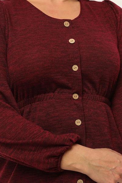 Apsen Kadın  bordo Uzun Kollu Beli Lastikli Düğme Detaylı Triko Elbise 4482-105