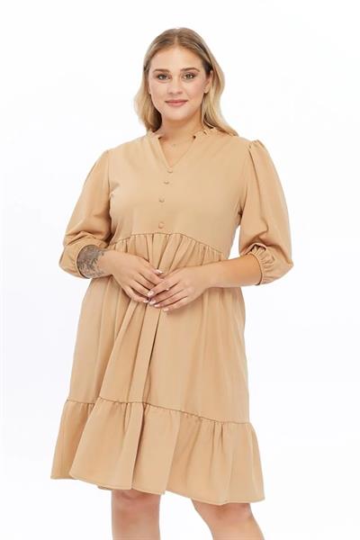 Kadın V Yaka Fırfır Detaylı Önden Top Düğmeli 4/3 Kol Midi Boy Büyük Beden Elbise 4415/105