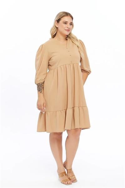 Kadın V Yaka Fırfır Detaylı Önden Top Düğmeli 4/3 Kol Midi Boy Büyük Beden Elbise 4415/105