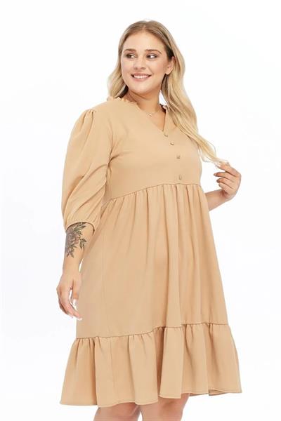 Kadın V Yaka Fırfır Detaylı Önden Top Düğmeli 4/3 Kol Midi Boy Büyük Beden Elbise 4415/105