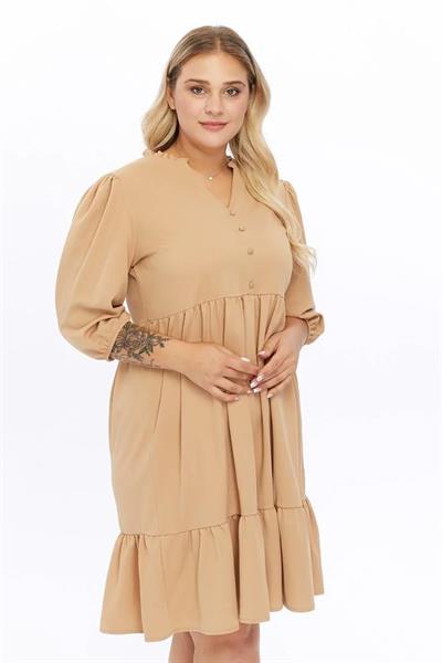 Kadın V Yaka Fırfır Detaylı Önden Top Düğmeli 4/3 Kol Midi Boy Büyük Beden Elbise 4415/105