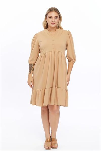 Kadın V Yaka Fırfır Detaylı Önden Top Düğmeli 4/3 Kol Midi Boy Büyük Beden Elbise 4415/105