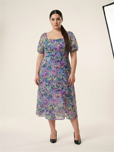 Apsen Kadın Çiçek Desenli Kare Yaka Uzun Kol Kısa Elbise 4515-120