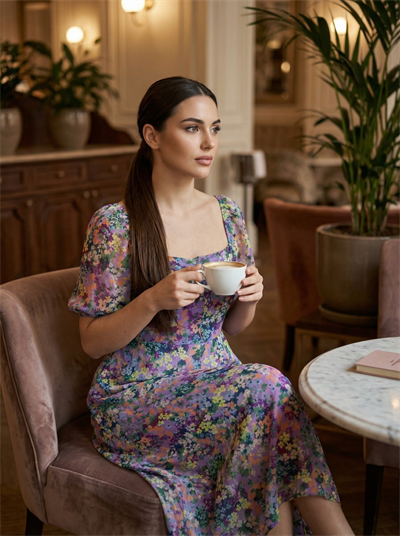 Apsen Kadın Çiçek Desenli Kare Yaka Uzun Kol Kısa Elbise 4515-120