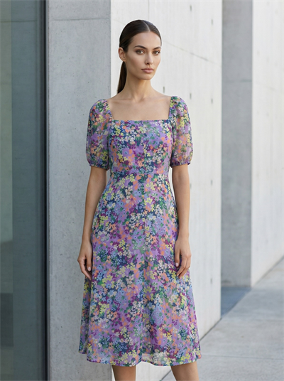 Apsen Kadın Çiçek Desenli Kare Yaka Uzun Kol Kısa Elbise 4515-120