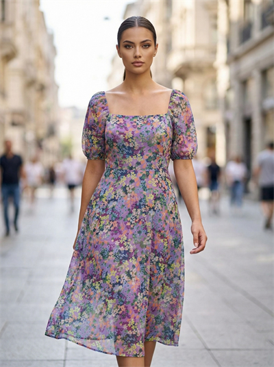 Apsen Kadın Çiçek Desenli Kare Yaka Uzun Kol Kısa Elbise 4515-120