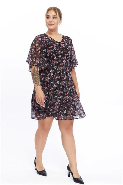 Kadın Çiçek Desenli Melek Kol Büyük Beden Şİfon Elbise 4496/100