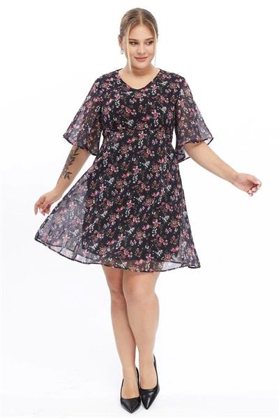 Kadın Çiçek Desenli Melek Kol Büyük Beden Şİfon Elbise 4496/100
