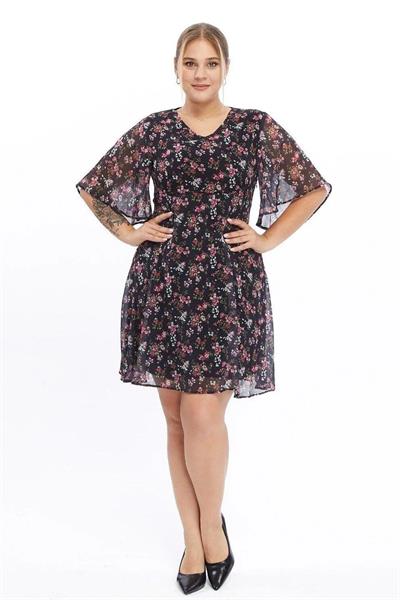 Kadın Çiçek Desenli Melek Kol Büyük Beden Şİfon Elbise 4496/100