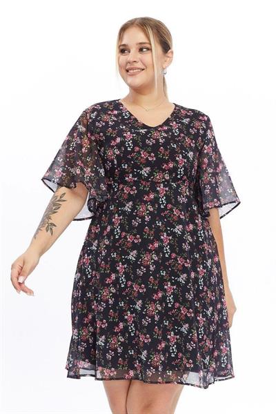 Kadın Çiçek Desenli Melek Kol Büyük Beden Şİfon Elbise 4496/100