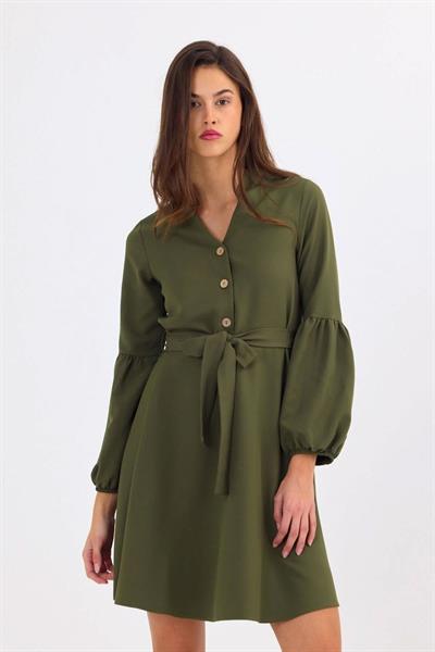 Apsen Kadın Dokuma Kumaş Dört Mevsim Önü Düğmeli Balon Kol Detaylı Elbise