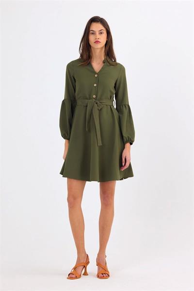 Apsen Kadın Dokuma Kumaş Dört Mevsim Önü Düğmeli Balon Kol Detaylı Elbise