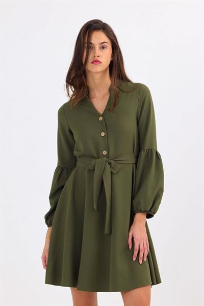 Apsen Kadın Dokuma Kumaş Dört Mevsim Önü Düğmeli Balon Kol Detaylı Elbise