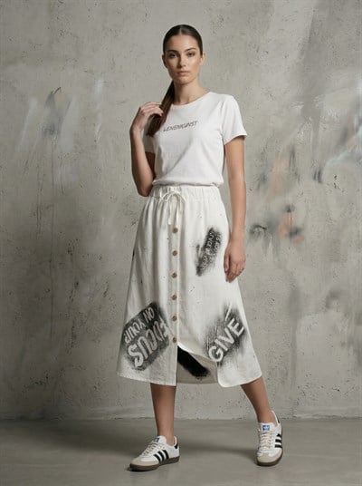 Apsen Kadın Düğme Detaylı Baskılı Keten Etek 2203-80