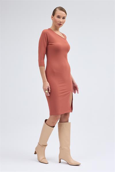 Apsen Kadın Gül Kurusu Yırtmaçlı Turva kol Yaka Detaylı Midi Elbise 3769-100