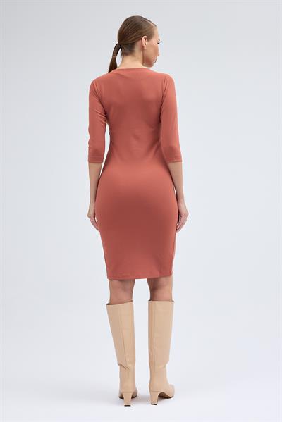 Apsen Kadın Gül Kurusu Yırtmaçlı Turva kol Yaka Detaylı Midi Elbise 3769-100