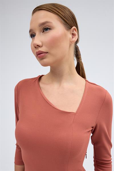 Apsen Kadın Gül Kurusu Yırtmaçlı Turva kol Yaka Detaylı Midi Elbise 3769-100