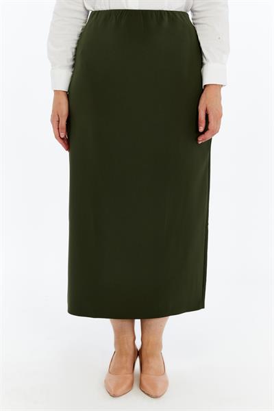 Apsen Kadın Haki Beli Lastikli Mevsimlik  Yırtmaç Detaylı Ofis Etek 1903-90