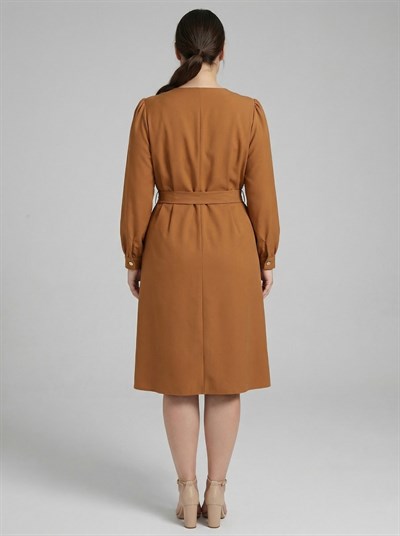 Apsen Kadın Hardal Uzun Kol Mevsimlik Midi Boy Büyük Beden Elbise 4409-110