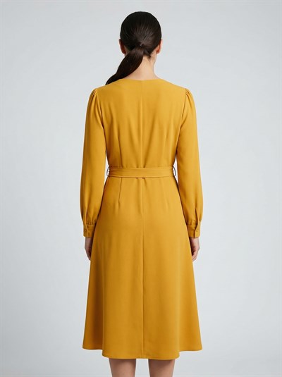 Apsen Kadın Hardal Uzun Kol Mevsimlik Midi Boy Büyük Beden Elbise 4409-110